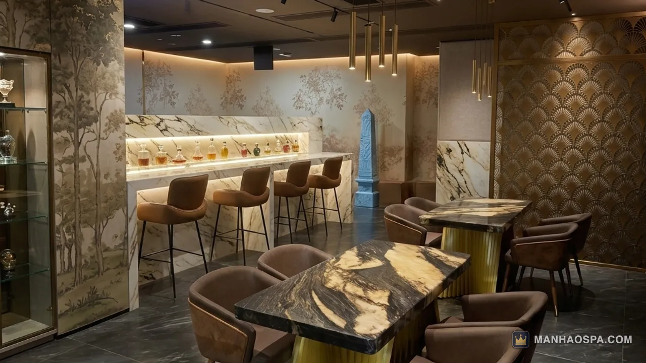 澳門桑拿曼濠水療雲石餐廳大堂：黑金紋雲石餐桌配金色摺扇形桌腳，吧檯前一列高腳椅，牆面為樹影壁畫