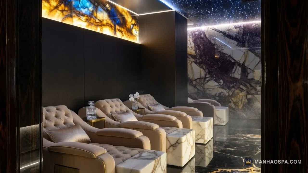 曼濠水療星空休息區，米色軟墊躺椅並排、雲石方几與光纖星空天花，側牆為琥珀色玉石燈牆